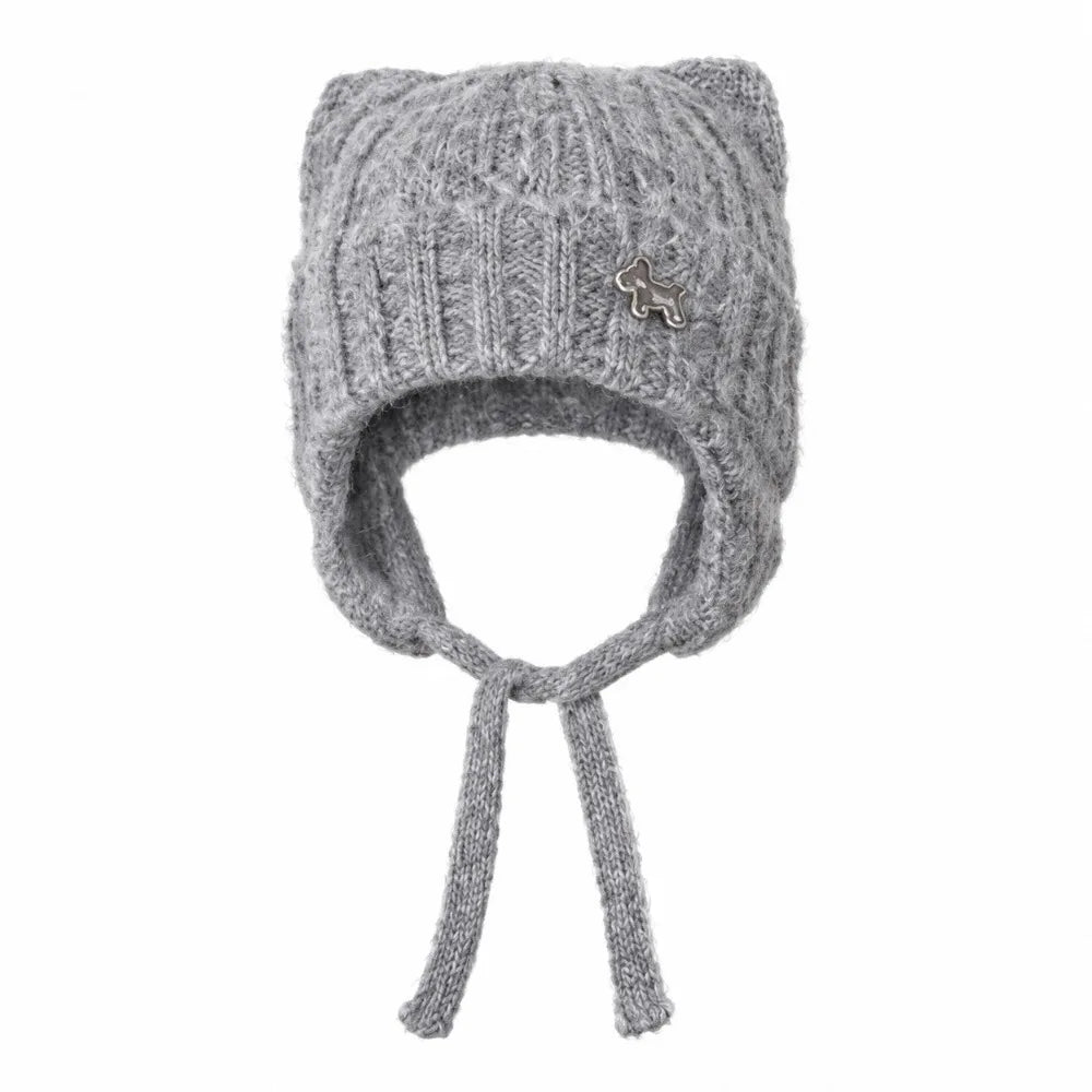 Women's Cat Ears Knit Slouchy Hat – Warm Ear Flap Cap Knit Ear Flap Hat PLUSH Grey