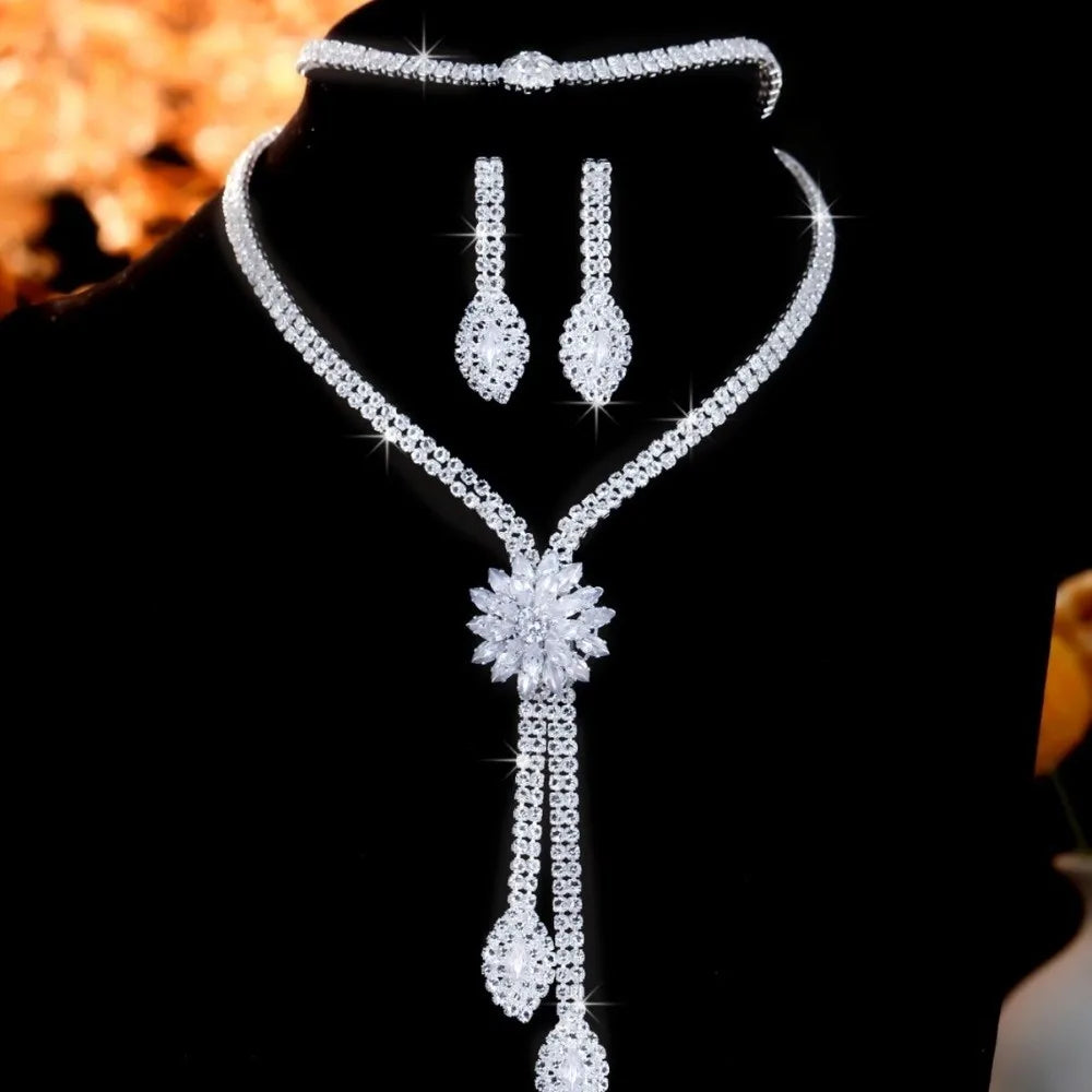 Vintage Crystal Flower Tassel Bridal Jewelry Set – Necklace, Earrings & Bracelet Bridal Jewelry Set PLUSH