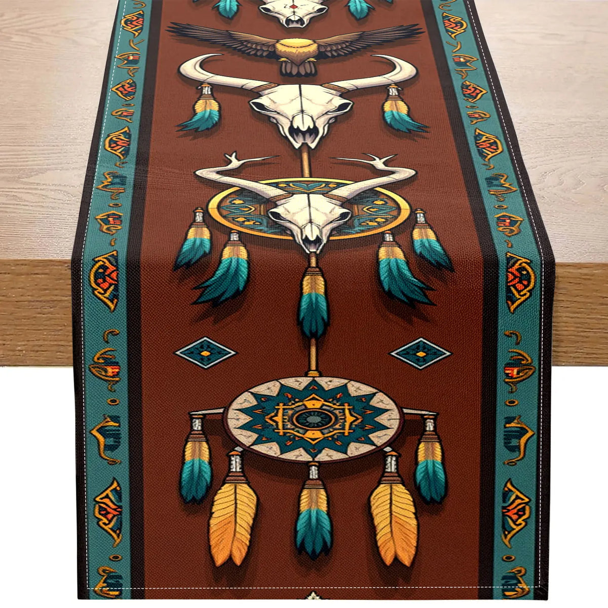 Tribal Print Table Runner – Dream Catchers, Skulls & Feathers Decorative Table Runner PLUSH A 33X275Cm