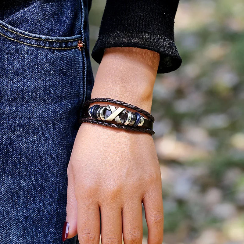 Men's Vintage X Stud Leather Bracelet – Black Brown White Leather Bracelet PLUSH