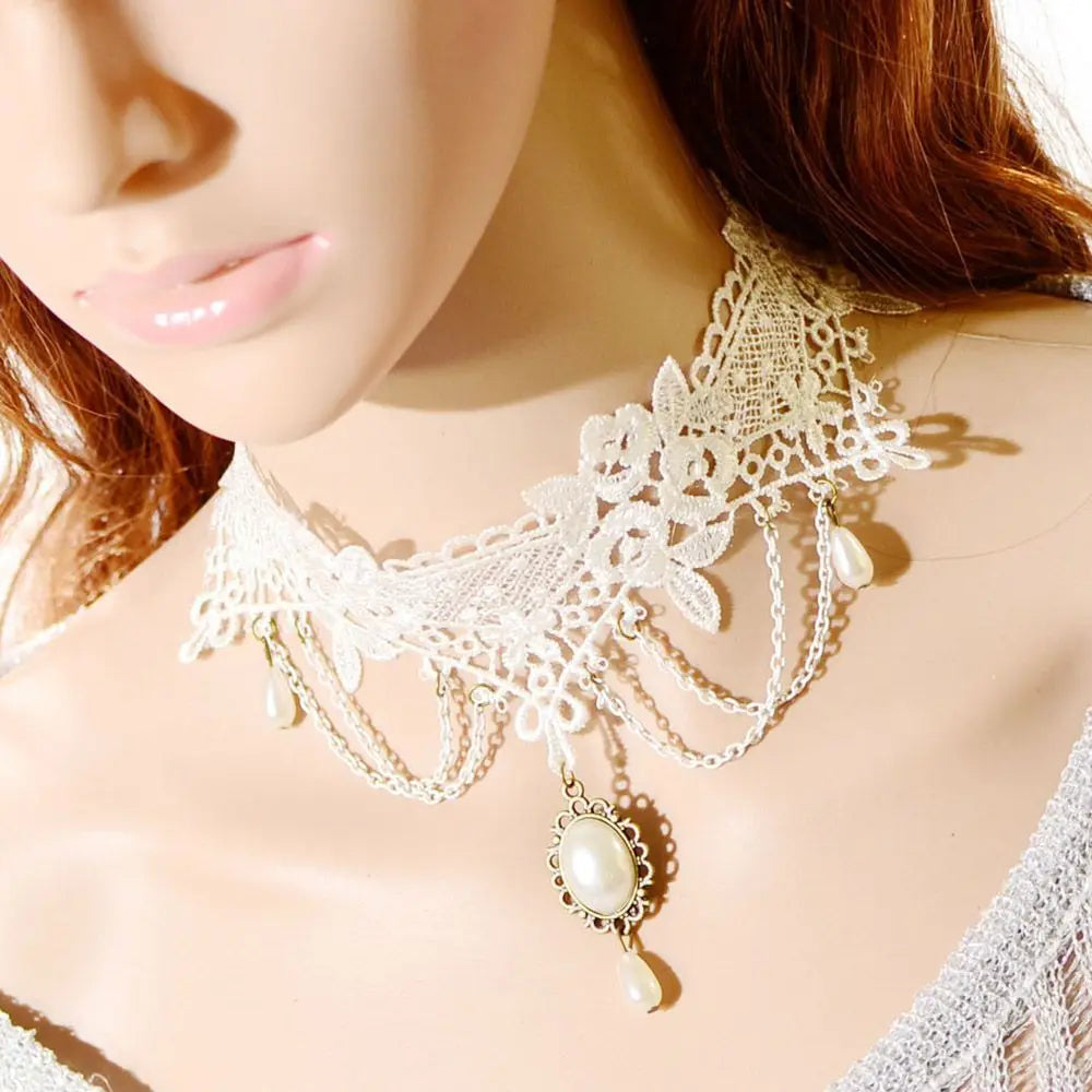 Punk Lace Pearl Choker Necklace – Bridal Wedding Jewelry Choker Necklace PLUSH