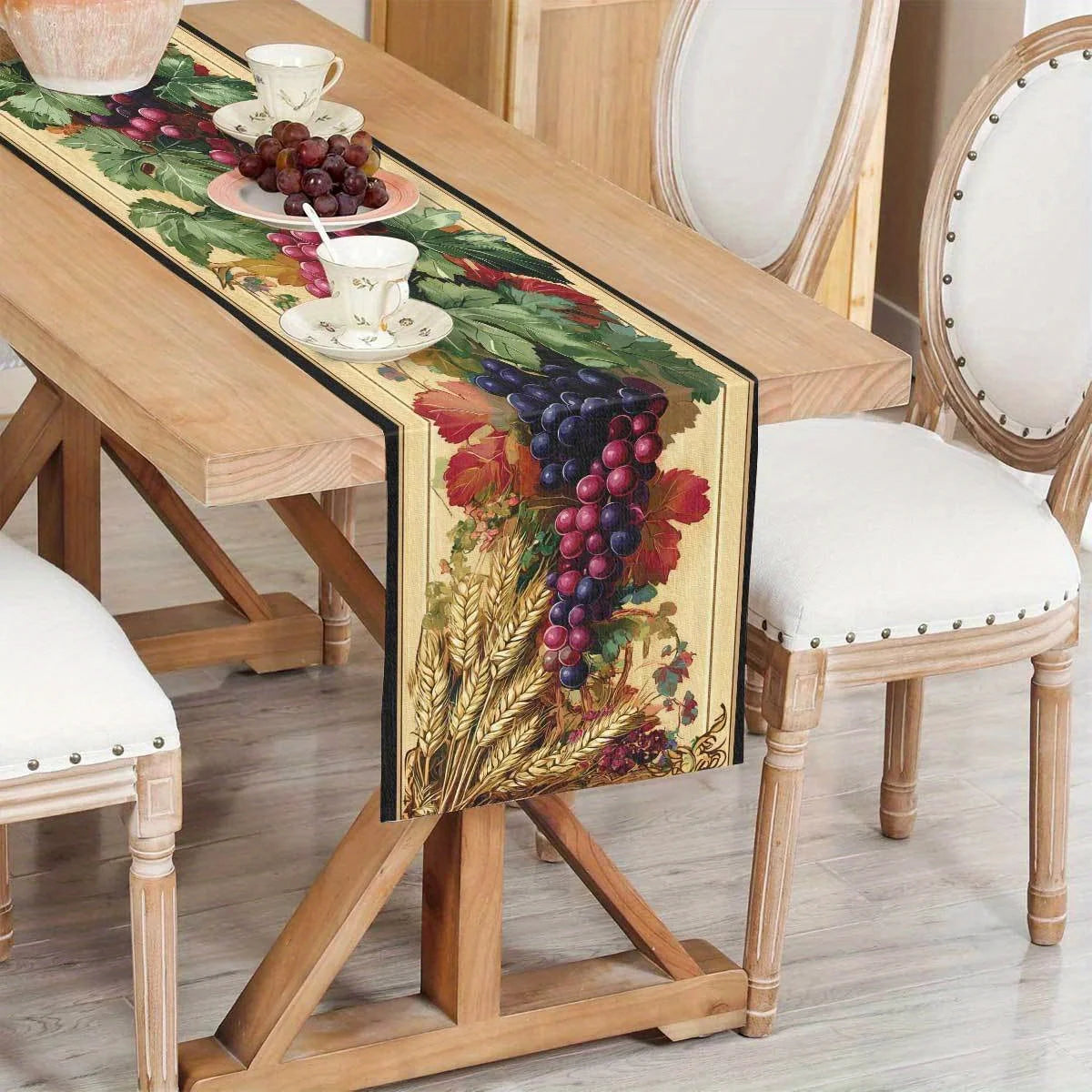 Harvest Table Runner – Grape, Wheat & Leaf Pastoral Print Table Runner PLUSH