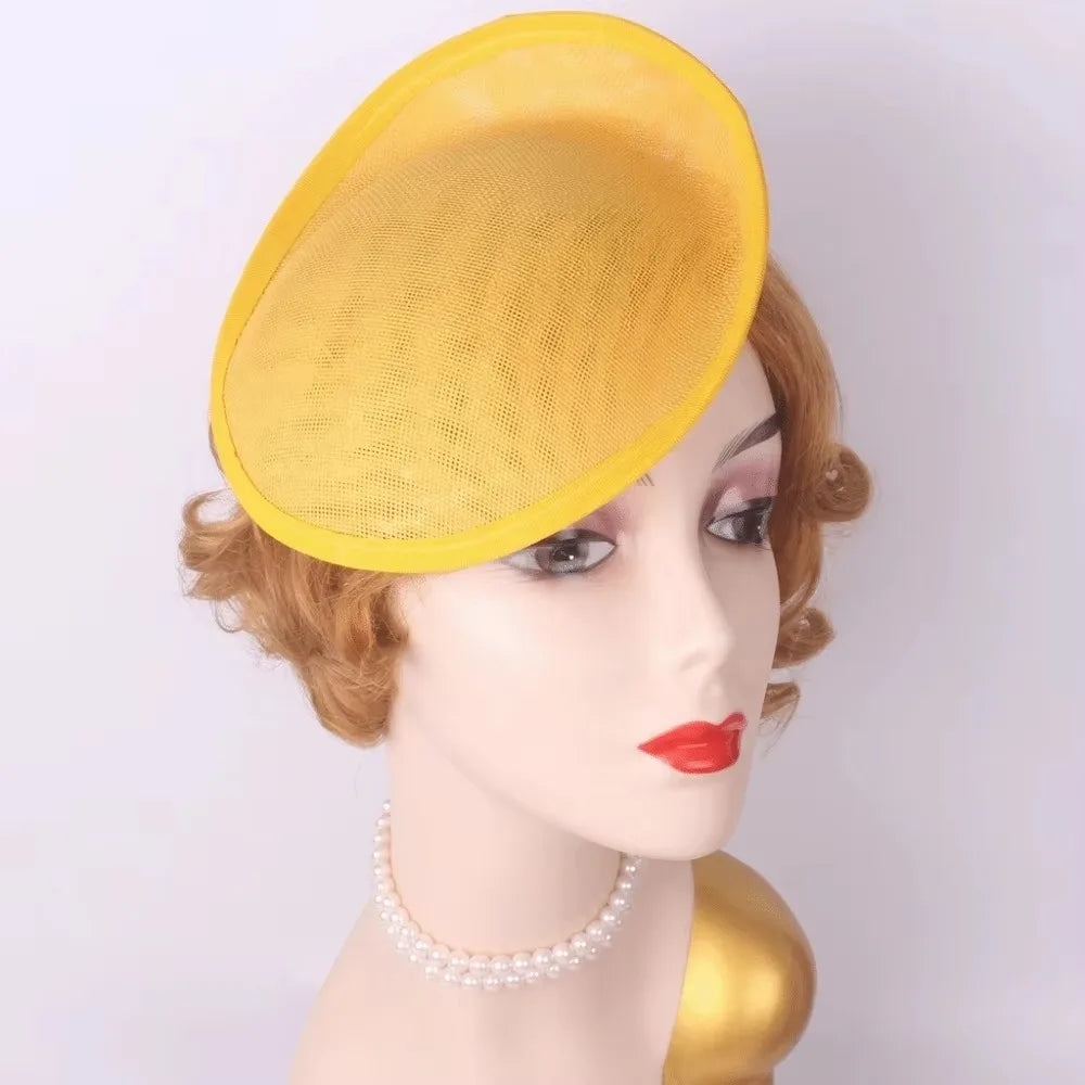 Wide Brim Linen Fascinator Hat Base – Vintage Mesh Headpiece Fascinator Hat Base PLUSH Yellow