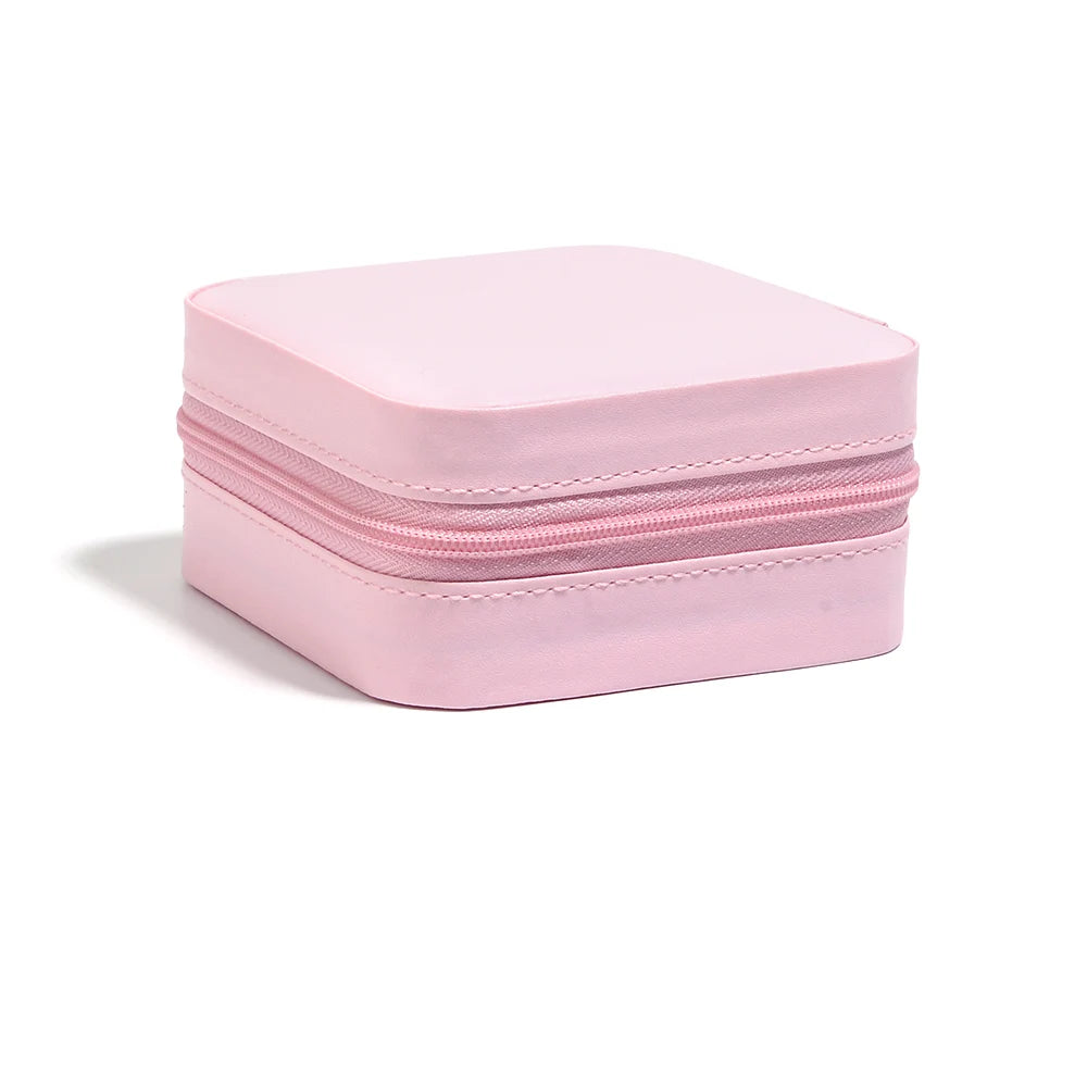Square PU Leather Zipper Jewelry Box – Travel Organizer Pouch Jewelry Storage Box PLUSH peach pink 10x10mm