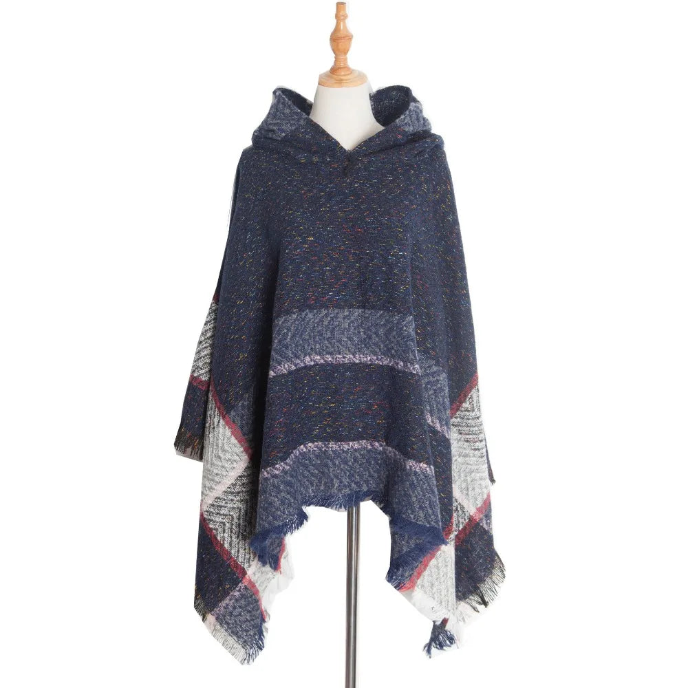 Women's Tassel Hooded Cape Plaid Knit Shoulder Wrap Cloak Hooded Cape Wrap PLUSH Dark Blue