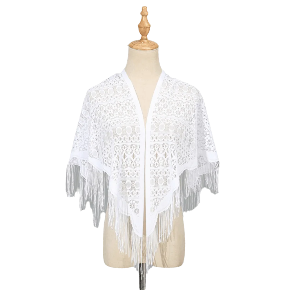 White Lace Mesh Tassel Triangle Shawl | Wedding Scarf Lace Triangle Shawl PLUSH Style C