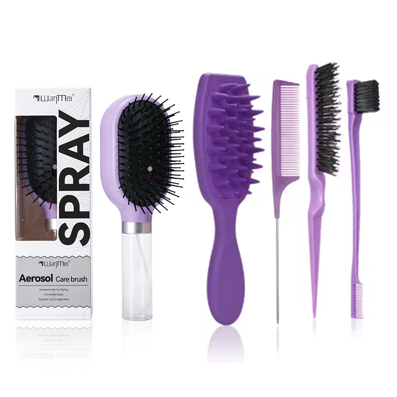 Spray Air Cushion Hair Brush Kit – Detangling Massage Comb Hair Brush Kit PLUSH Purple set
