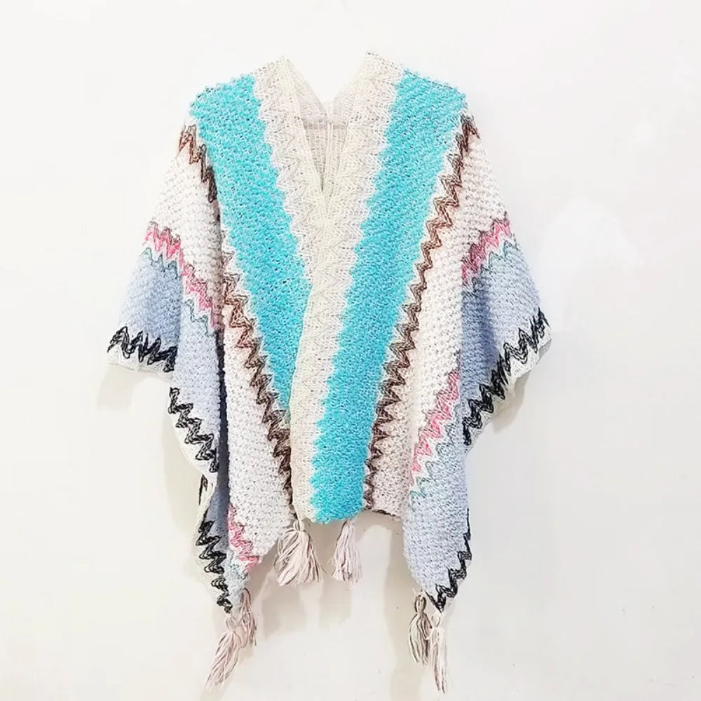 Women's Bohemian Knit Tassel Poncho Shawl – Ethnic Cape Wrap Knit Poncho Cape PLUSH Style 11