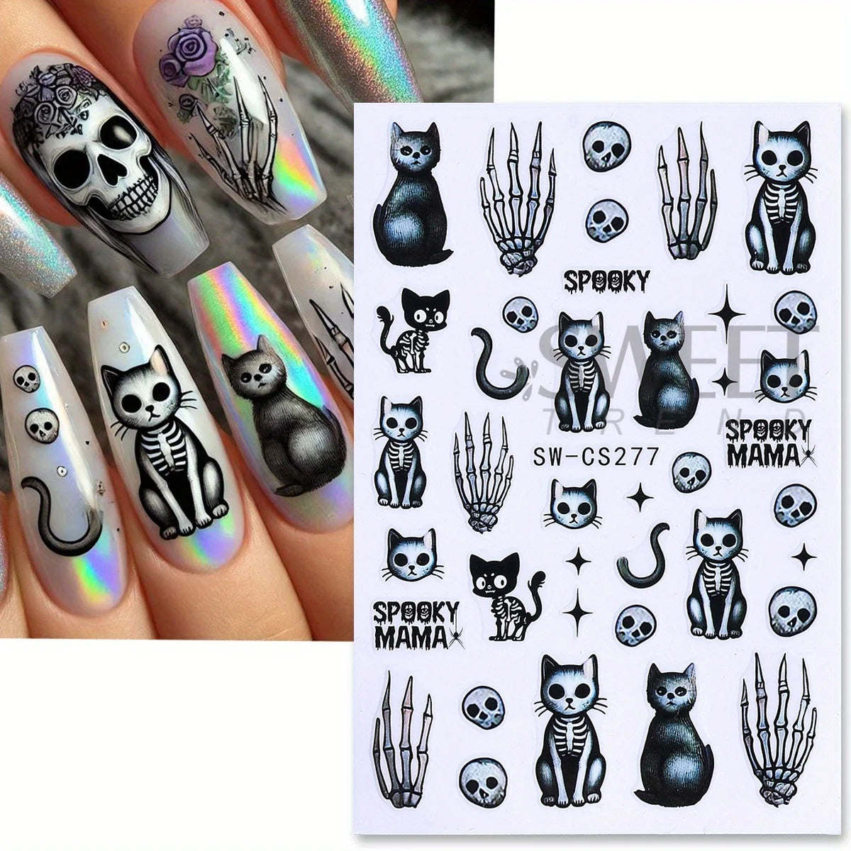 Halloween Nail Art Decals – Black Cat & Skull Stickers 4pcs Nail Art Decals PLUSH