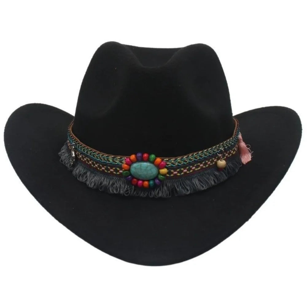 Wide Brim Western Cowboy Hat with Tassels – Unisex Cosplay Western Cowboy Hat PLUSH Black