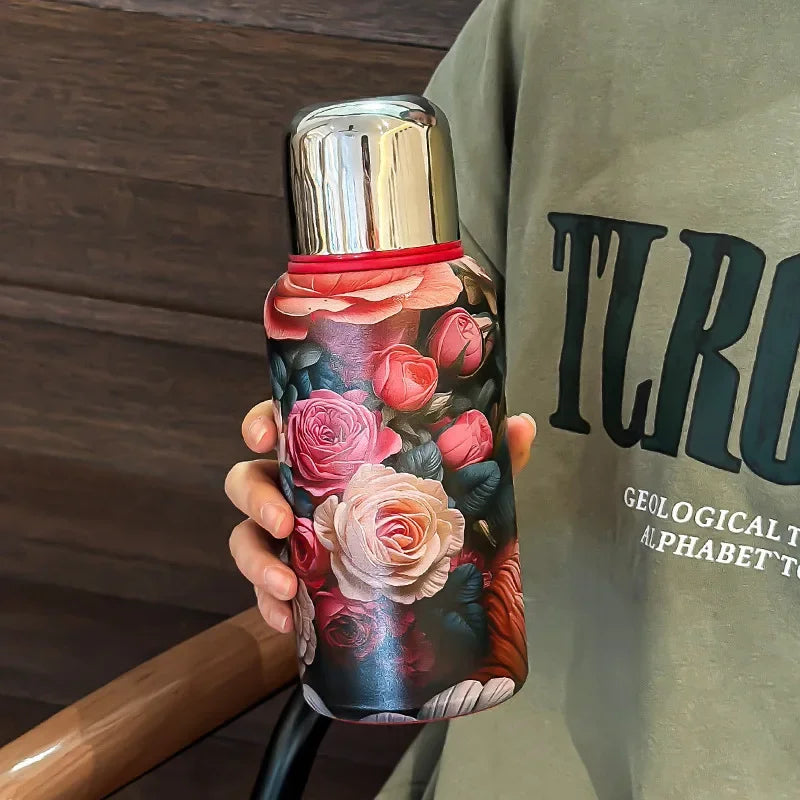 Stainless Steel Insulated Tea Cup | Double Lid 450/650ML Insulated Thermos Cup PLUSH Rose 650ML 500-1000ml
