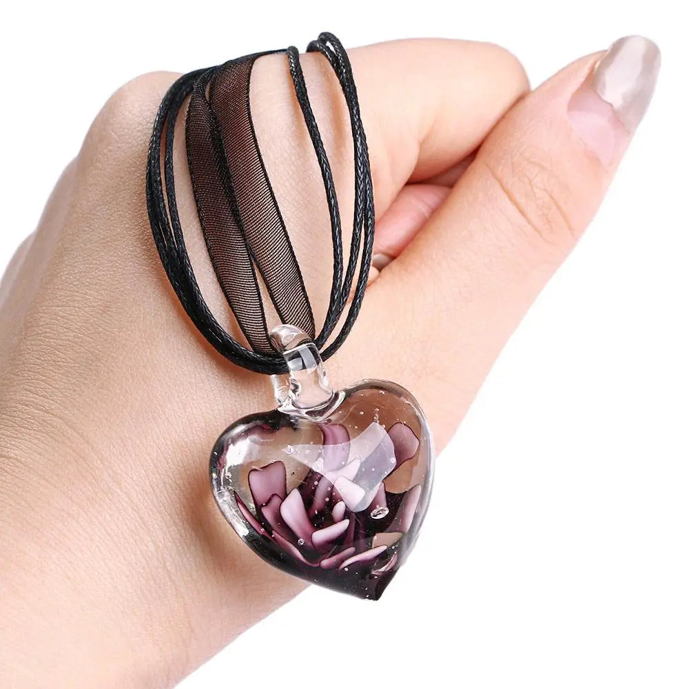 Women's Glass Heart Pendant Necklace – Spiral Flower Crystal Pendant Necklace PLUSH