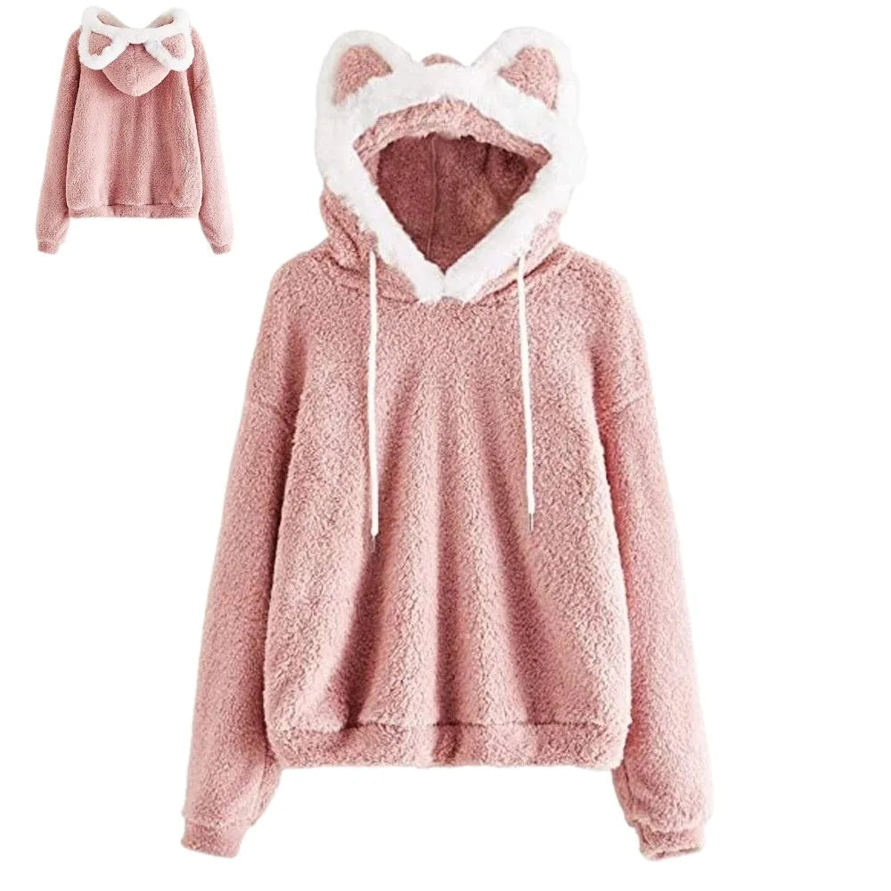 Women's Cat Bear Ear Plush Fleece Hoodie – Fuzzy Pullover Fleece Hoodie PLUSH Pink XXL