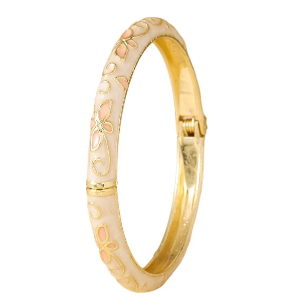 Colorful Cloisonné Enamel Floral Bangle – Vintage Chinese Style Enamel Bangle Bracelet PLUSH White
