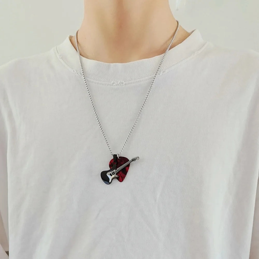 Hip-Hop Guitar Pick Pendant Necklace | Punk Titanium Steel Pendant Chain Necklace PLUSH