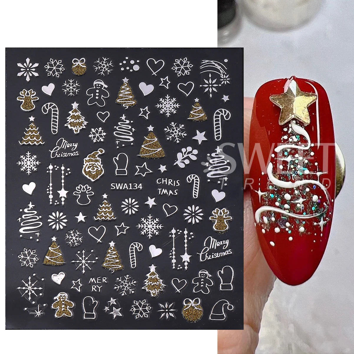 Christmas 3D Nail Stickers Gold Silver Glitter Xmas Decals 2pcs Nail Art Stickers PLUSH