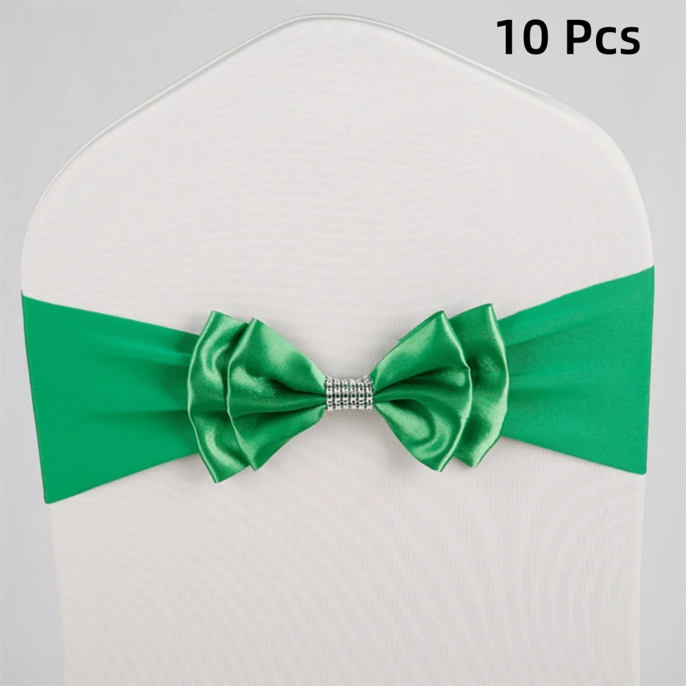 10pcs Satin Bow Chair Sashes – Elastic Spandex, No-Tie Chair Sash Bows PLUSH Green