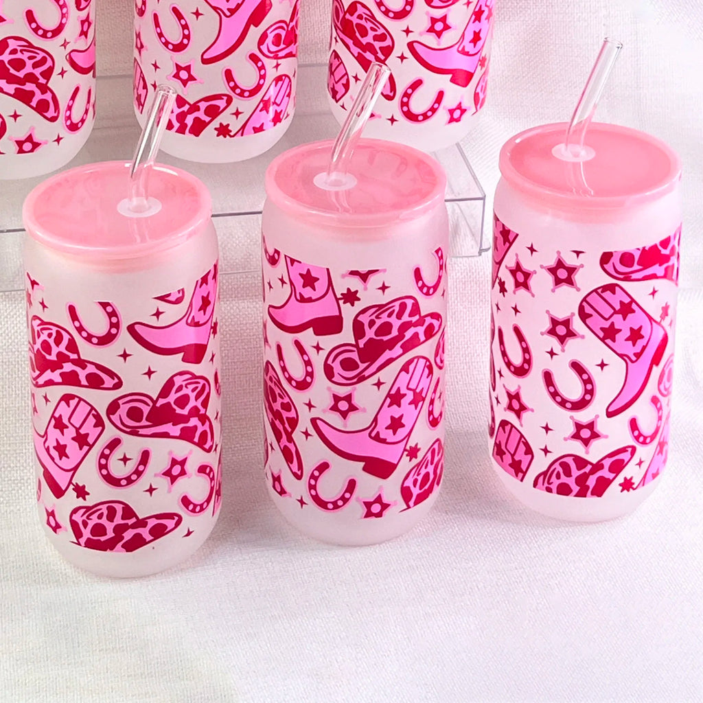 Western Cowgirl 16 oz Glass Cup with Straw, Lid & Brush Glass Drinkware Set PLUSH