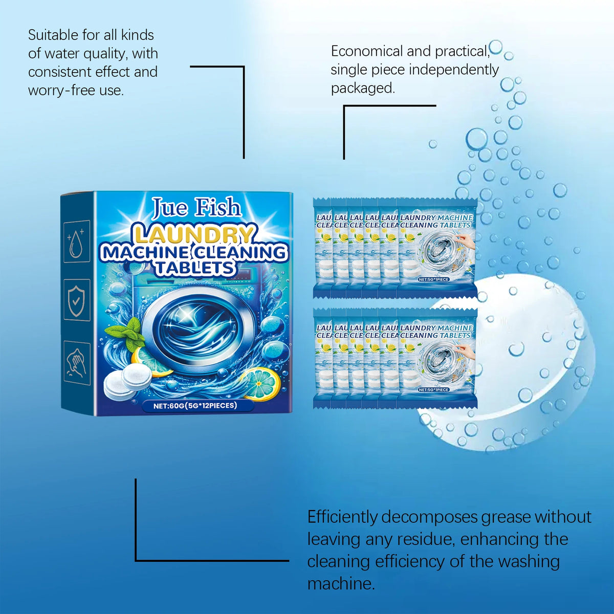 12pcs Washing Machine Cleaning Effervescent Tablets | Jue-Fish Washer Cleaning Tablets PLUSH