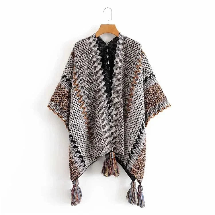 Women's Colorful Knit Poncho Cape Tassel Ethnic Shawl Cardigan Knit Poncho Cape PLUSH Cardigan gray One Size