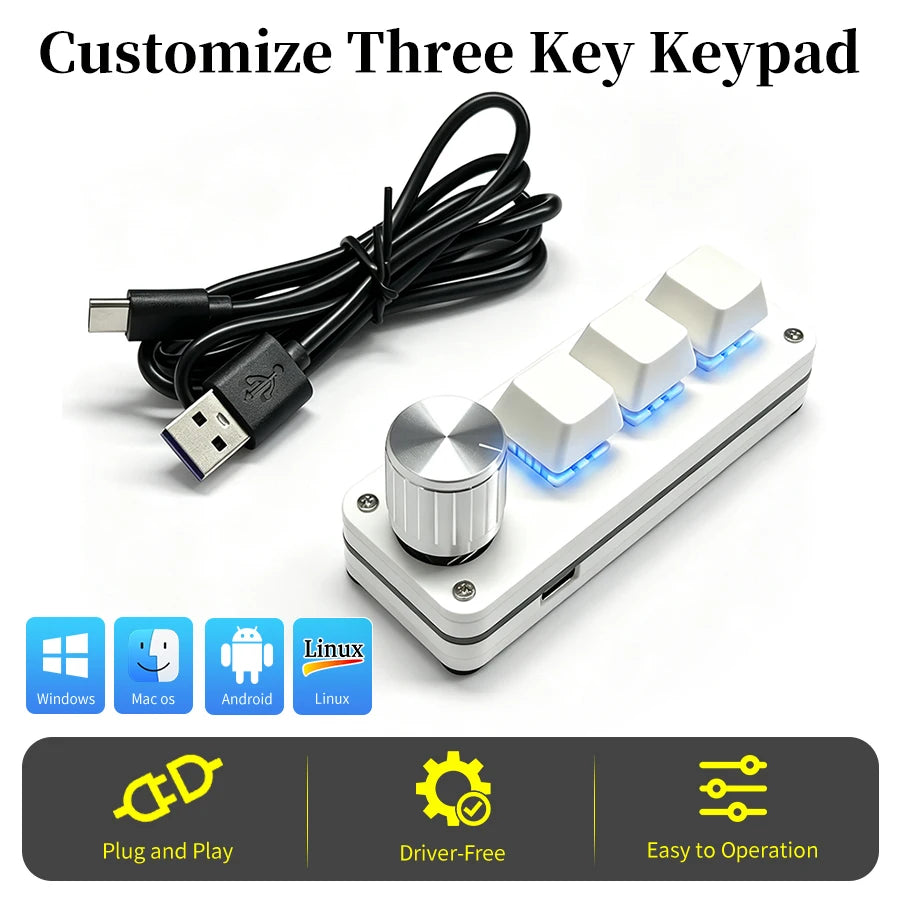 Programmable 3-Key Macro Keypad with Knob – Hotswap RGB USB-C Mechanical Macro Keypad PLUSH White