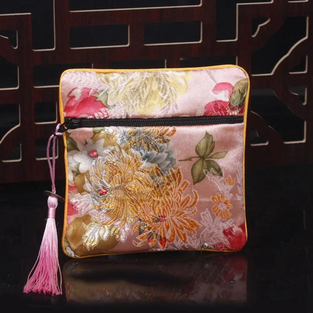 Embroidered Floral Coin Pouch | Tassel Jewelry & Makeup Bag Embroidered Coin Pouch PLUSH