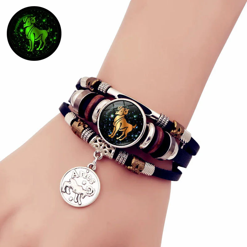 Luminous Zodiac Leather Bracelet – Glow in Dark | All 12 Signs Charm Bracelet PLUSH