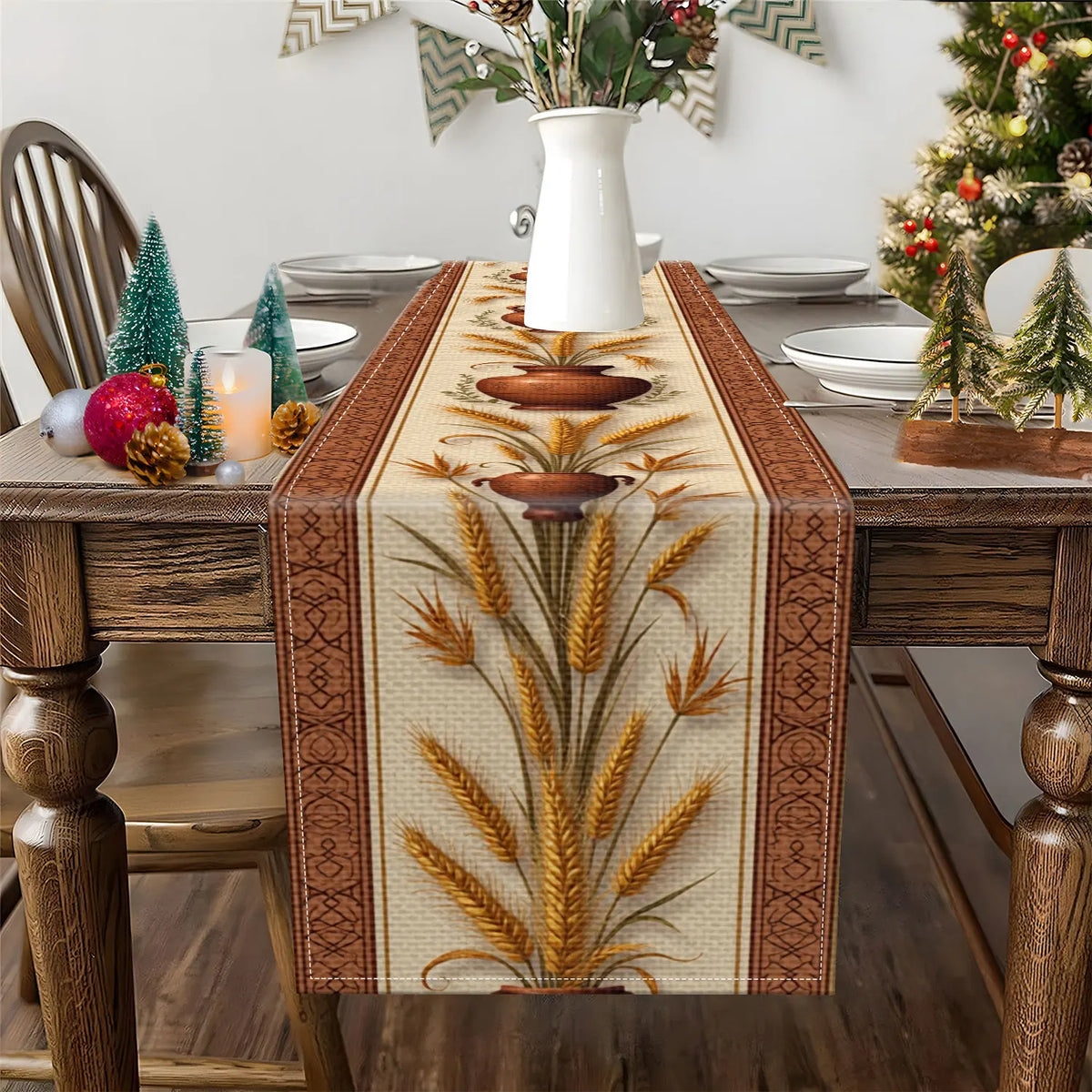 Wheat Ear & Earthenware Pot Table Runner – Autumn Harvest Table Runner PLUSH