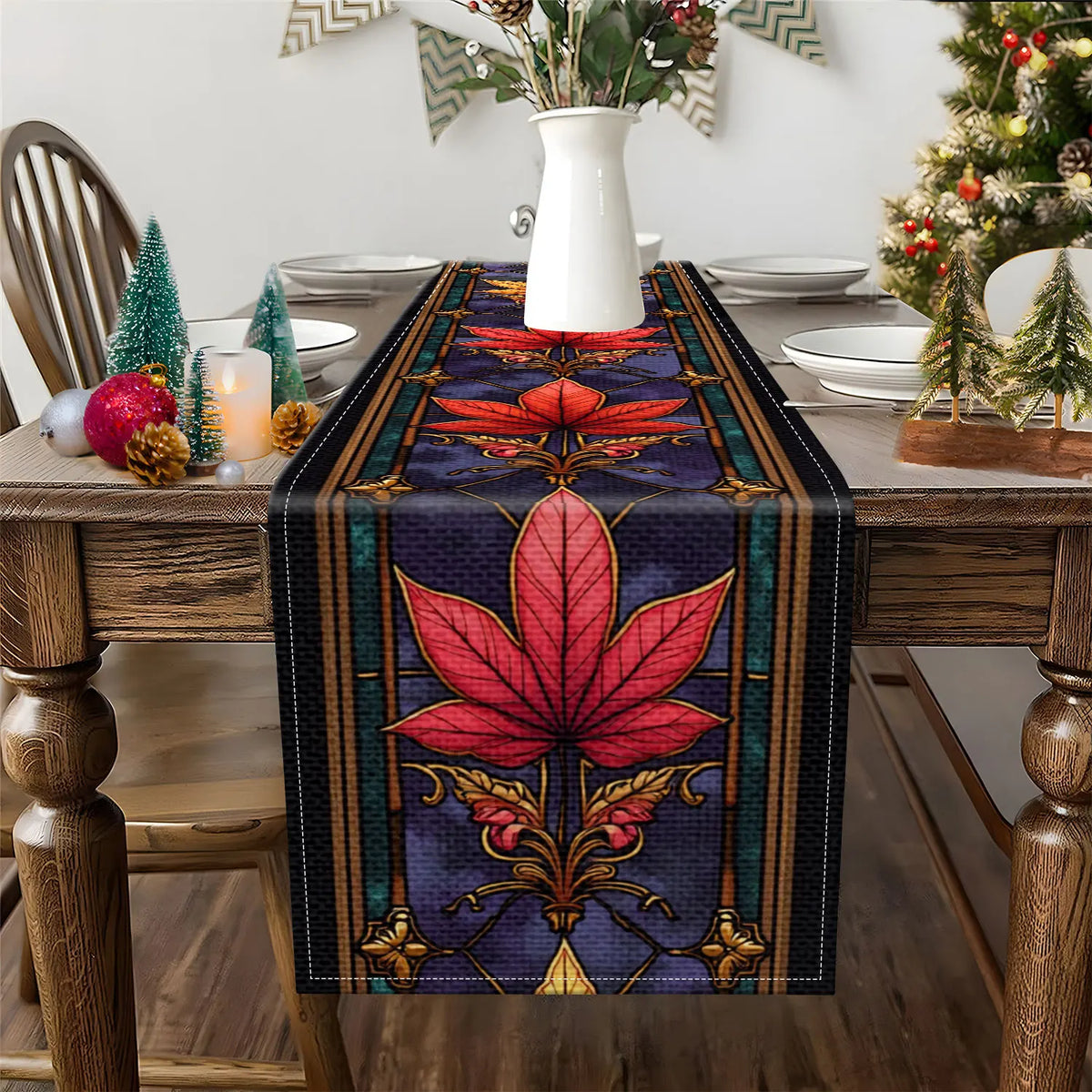 Vintage Maple Leaf Table Runner | Retro Colorful Décor Table Runner PLUSH