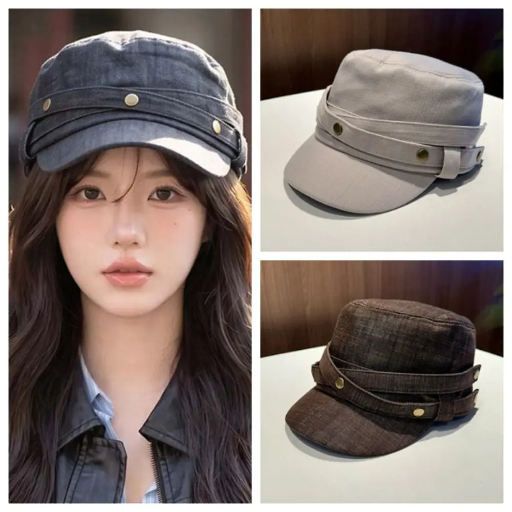 Washed Denim Flat Cap – Vintage Visor Hat Adjustable Strap Denim Flat Cap PLUSH