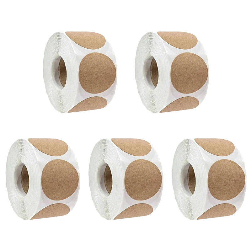 500pcs Kraft Round Stickers – Self-Adhesive DIY Label Roll Kraft Paper Stickers PLUSH 5 Rolls