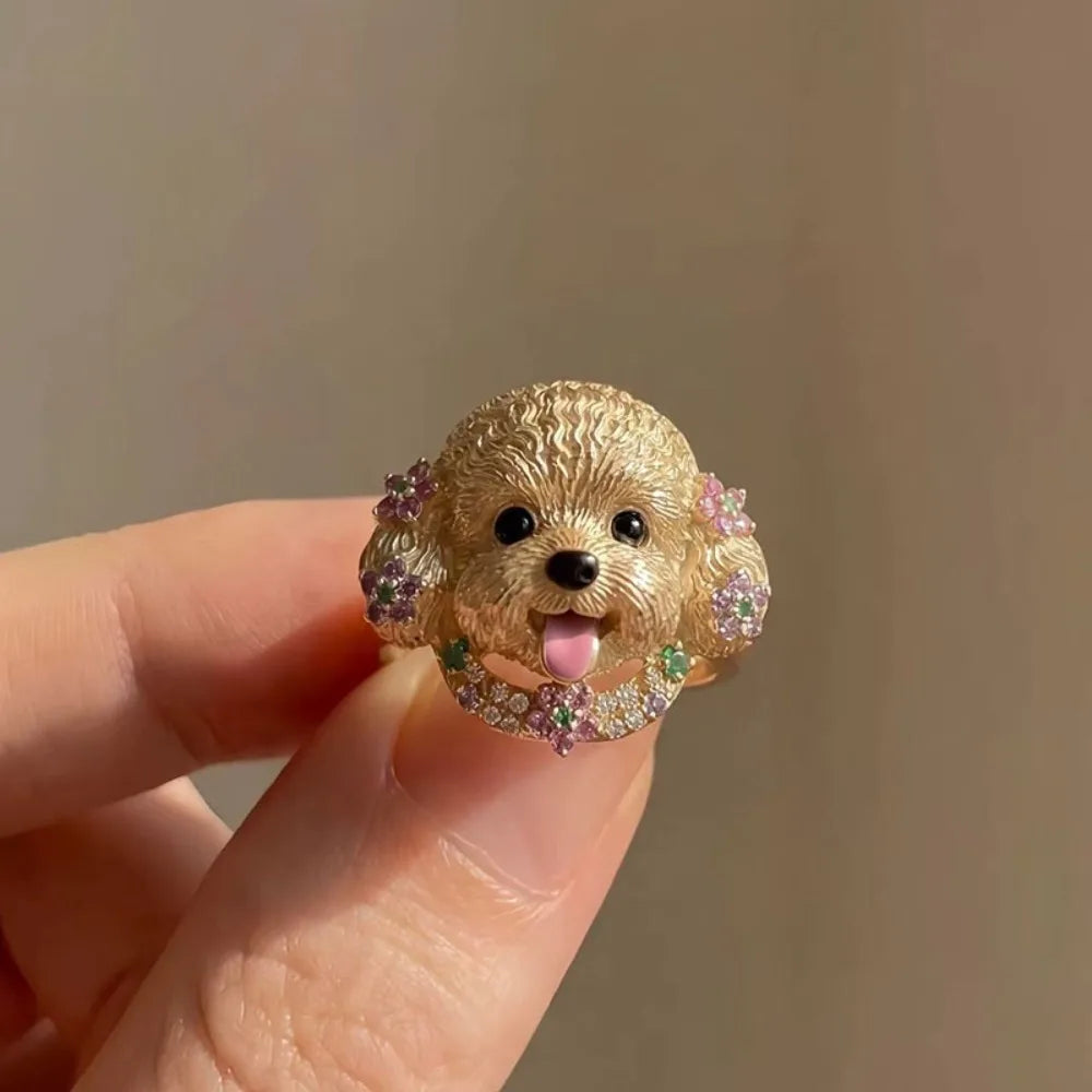 Cute Animal Head Rhinestone Adjustable Ring – Kitten & Dog Fashion Ring PLUSH Style 3
