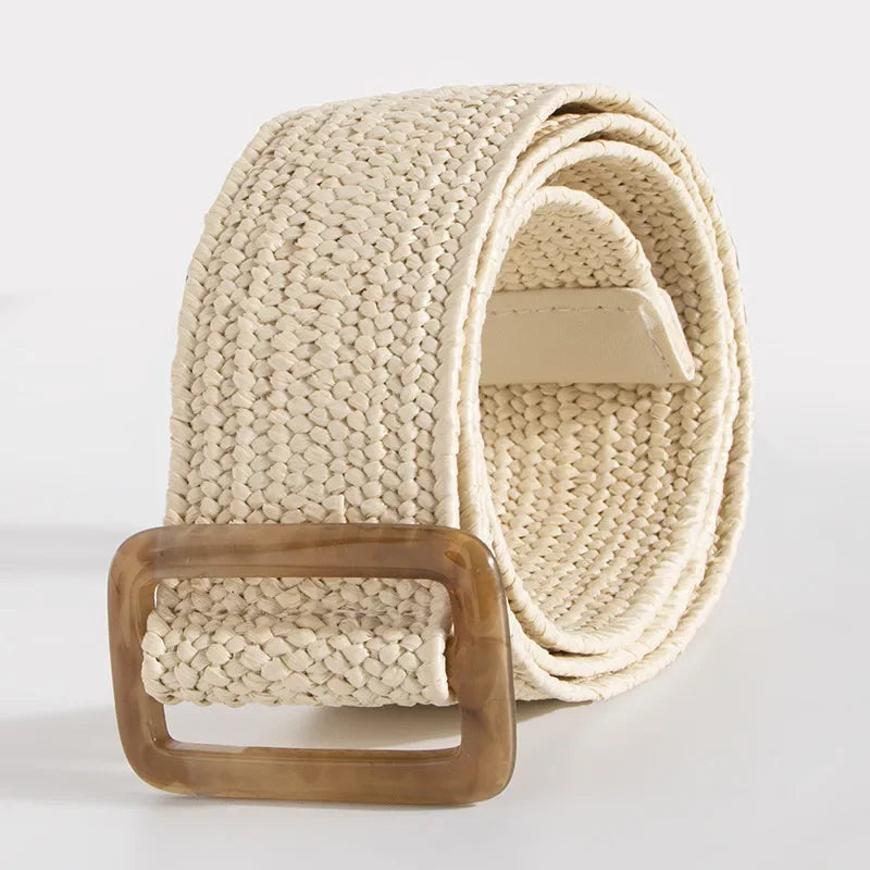 Women's Straw Woven Elastic Waist Belt | Bohemian Beach Style Woven Waist Belt PLUSH Beige resin clasp 100cm
