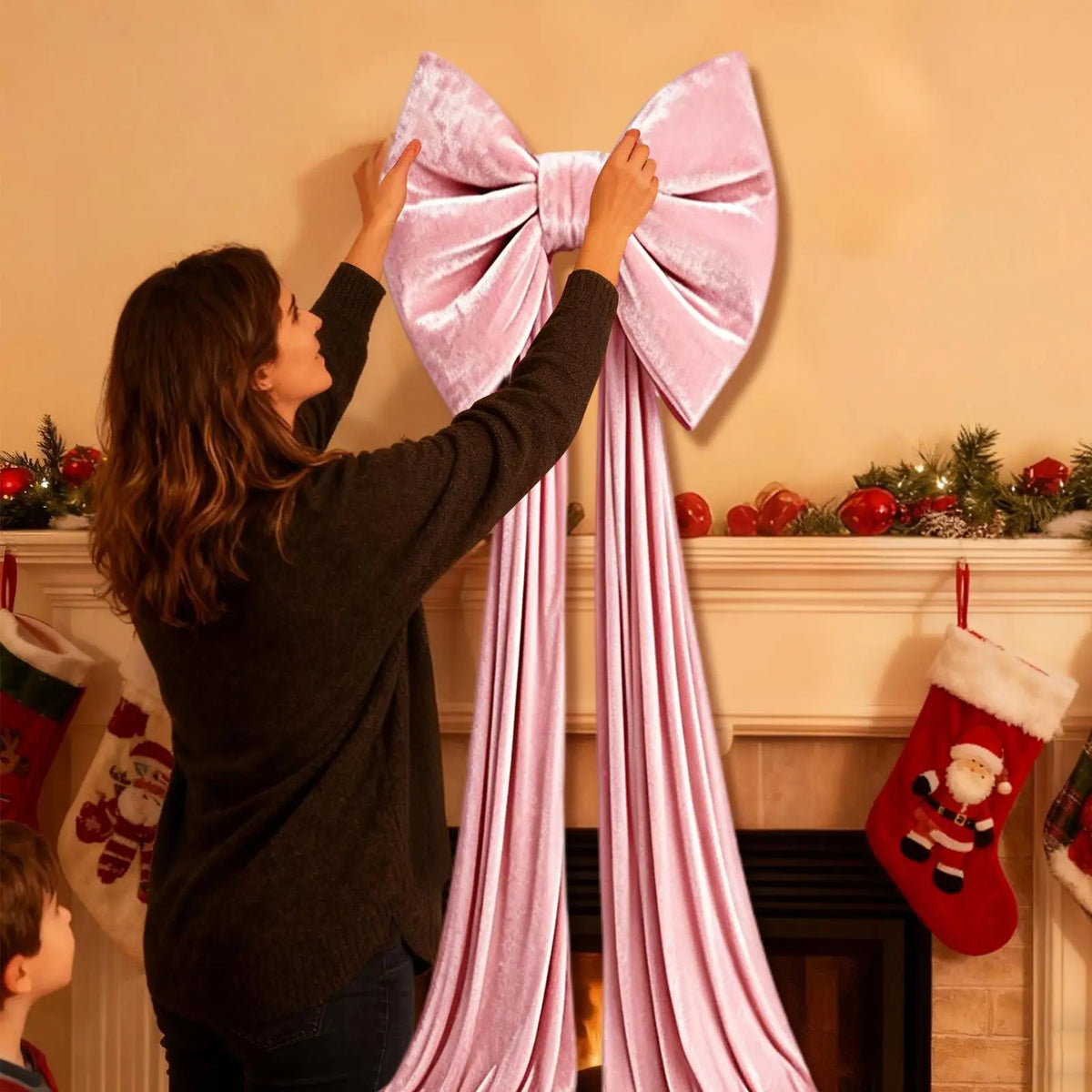 Extra-Large Velvet Christmas Tree Bow – Green & Pink Holiday Christmas Tree Bow PLUSH