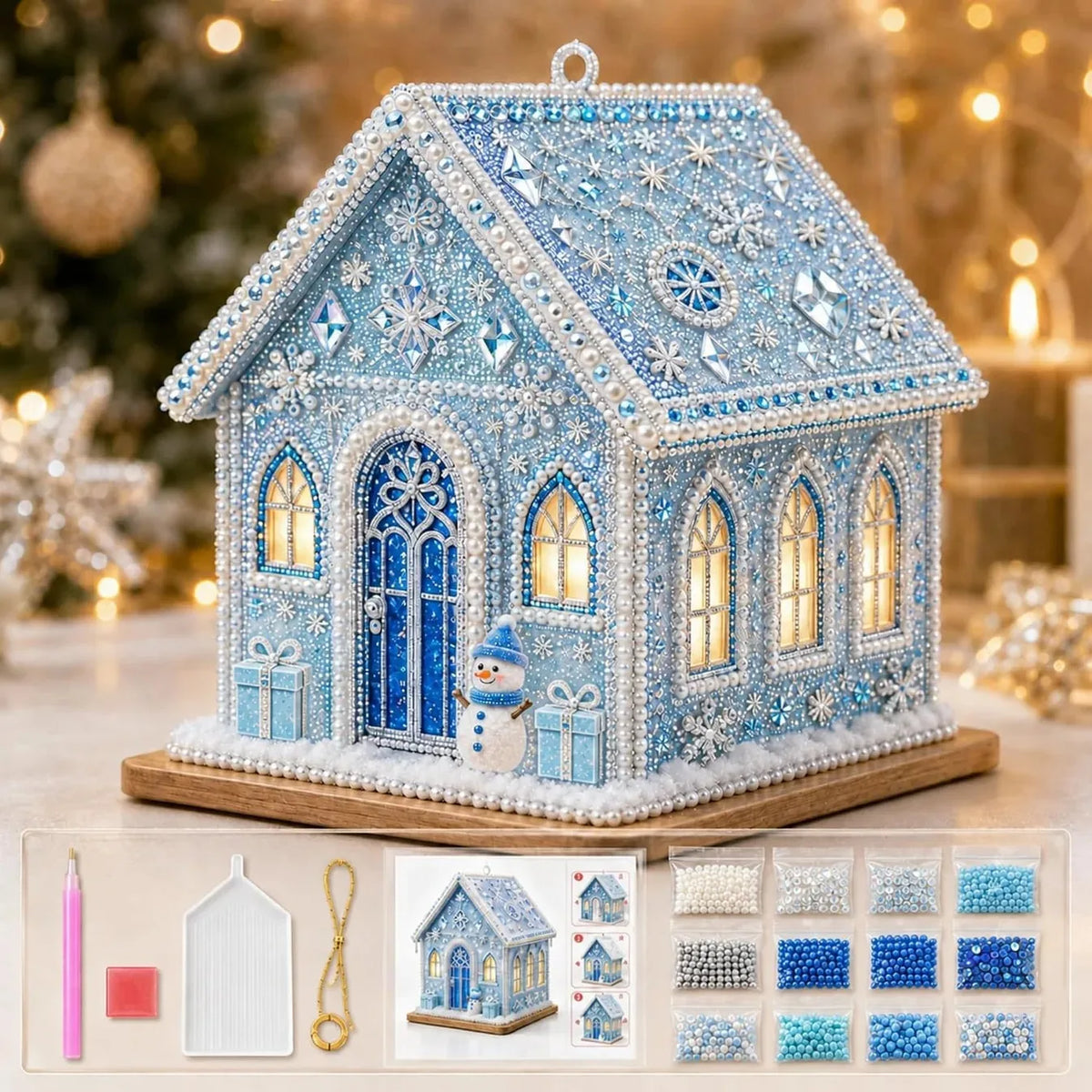 Wooden Christmas House Diamond Painting Set – 4-Sided Holiday Diamond Painting Kit PLUSH Christmas 12