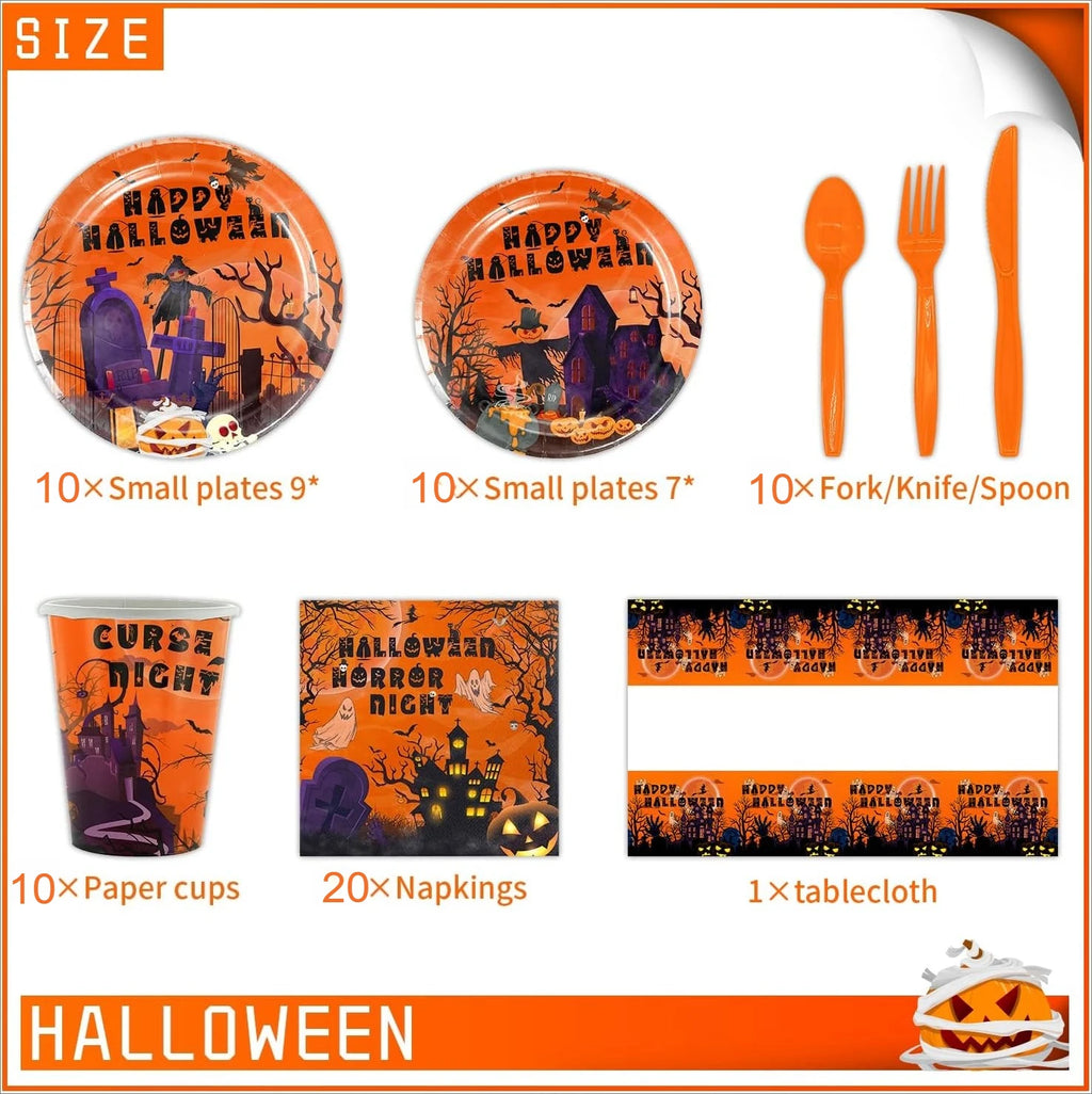 Halloween Party Tableware Set – Paper Plates & Tablecloth Kit Party Tableware Set PLUSH