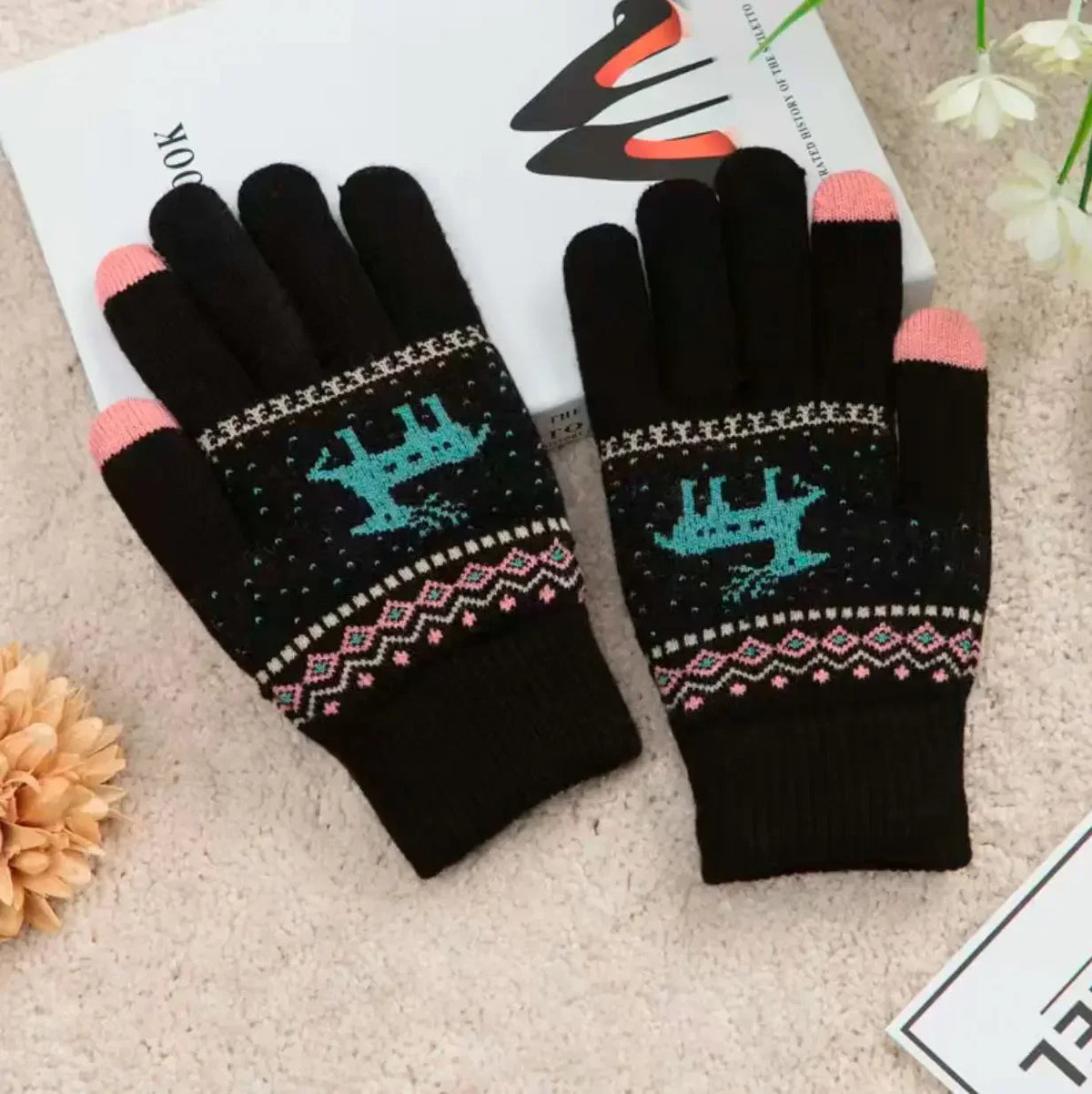 Winter Knitted Cashmere Gloves – Christmas Deer Touch Screen Winter Knitted Gloves PLUSH black 5pairs