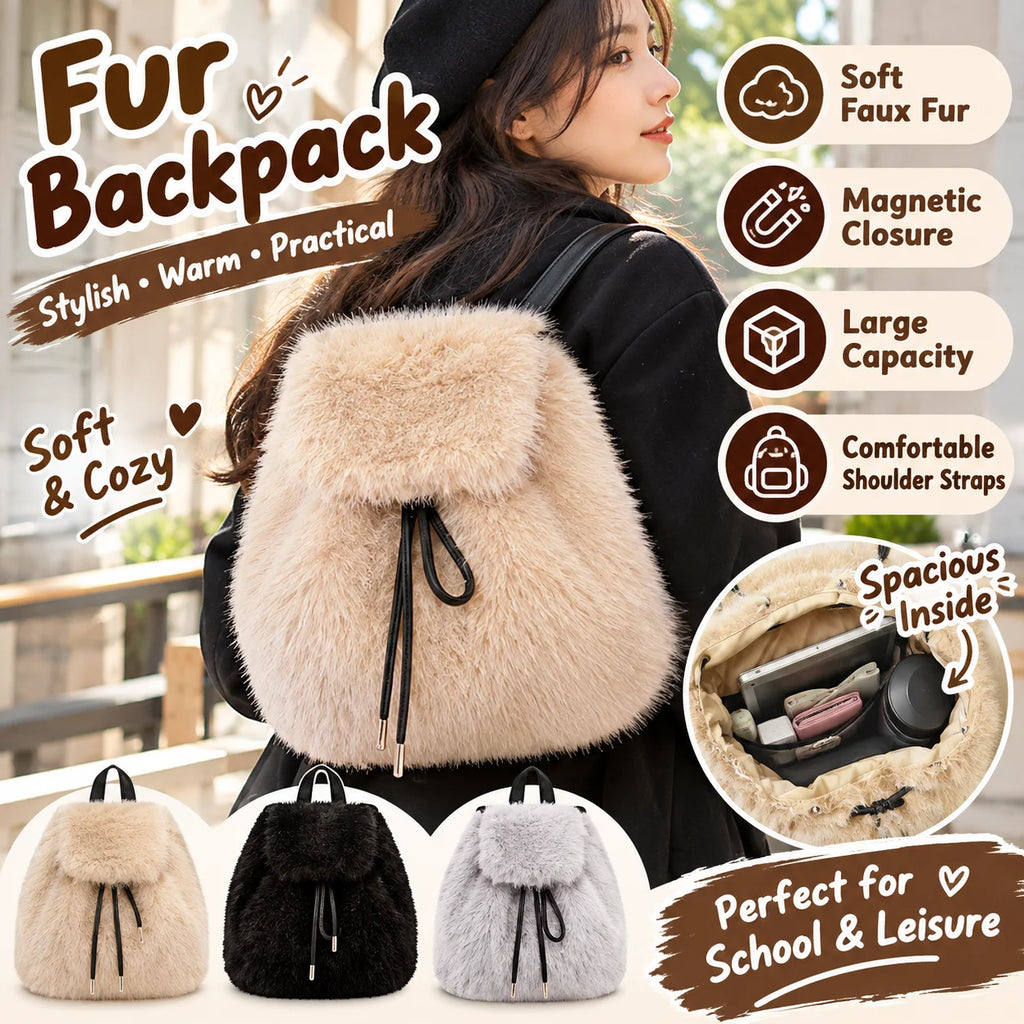 Women's Fox Fur Backpack – Magnetic Drawstring Flap Bag Set Women's Backpack PLUSH