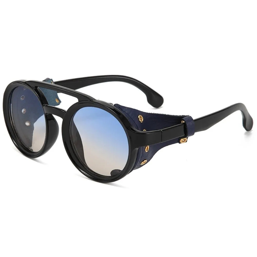 Retro Round Steampunk Sunglasses | Leather Side Shields Steampunk Sunglasses PLUSH Style E