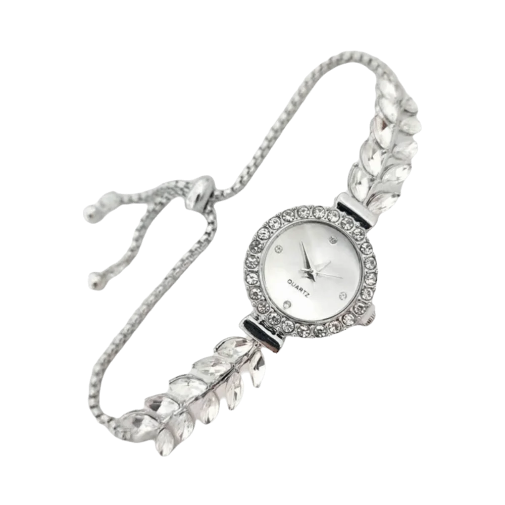Women's Slim Rhinestone Leaf Quartz Watch – Adjustable Strap Women's Fashion Watch PLUSH Silver