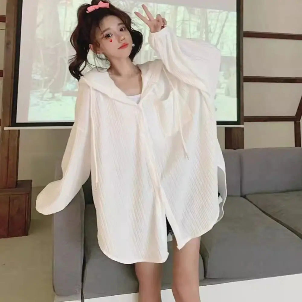 Women's Loose Hooded Sun Protection Top – Ice Silk Long Sleeve Hooded Sun Shirt PLUSH