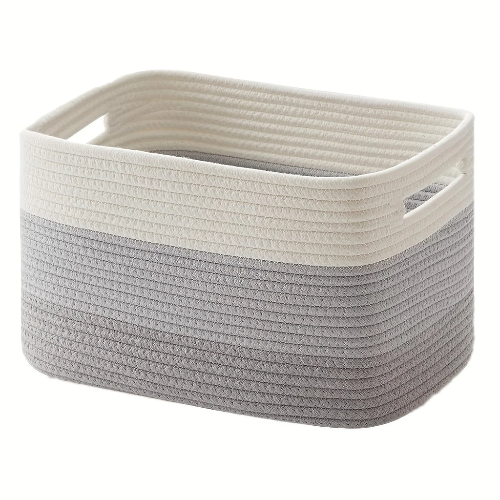 Woven Cotton Rope Storage Basket with Handles – Rectangular Woven Storage Basket PLUSH Grey and White