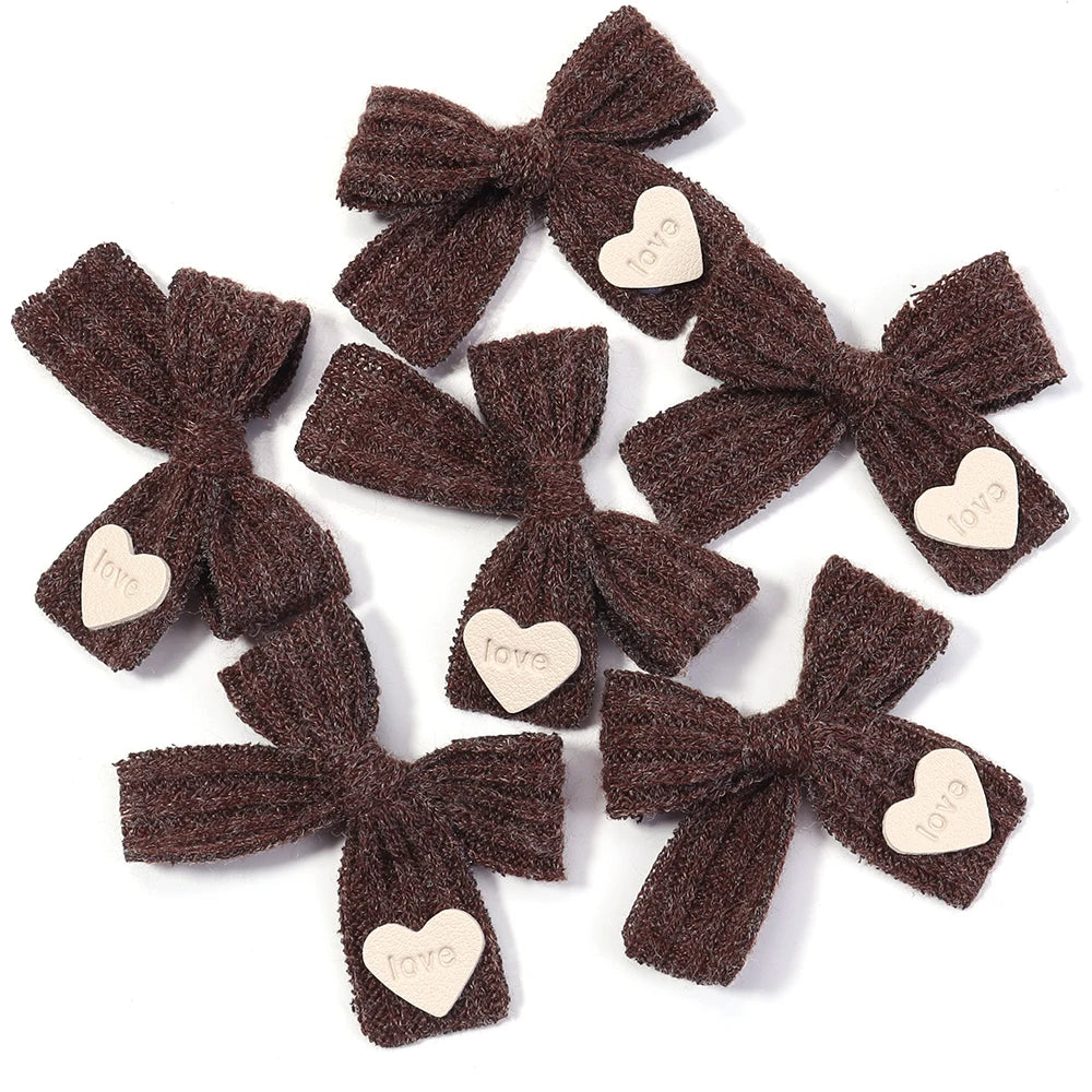 6pcs Knitted Bows Heart Tag – DIY Gift Craft Headwear Decor Craft Bow Set PLUSH deep brown
