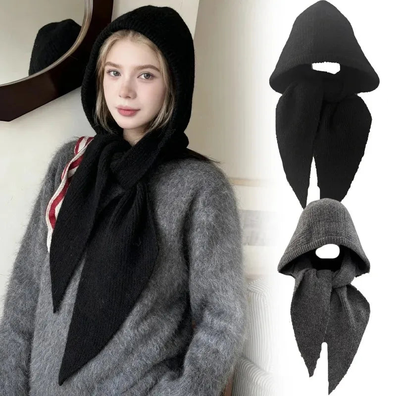 Korean Hood Scarf Knit Hat – Unisex Winter Headwear Winter Hood Scarf Hat PLUSH