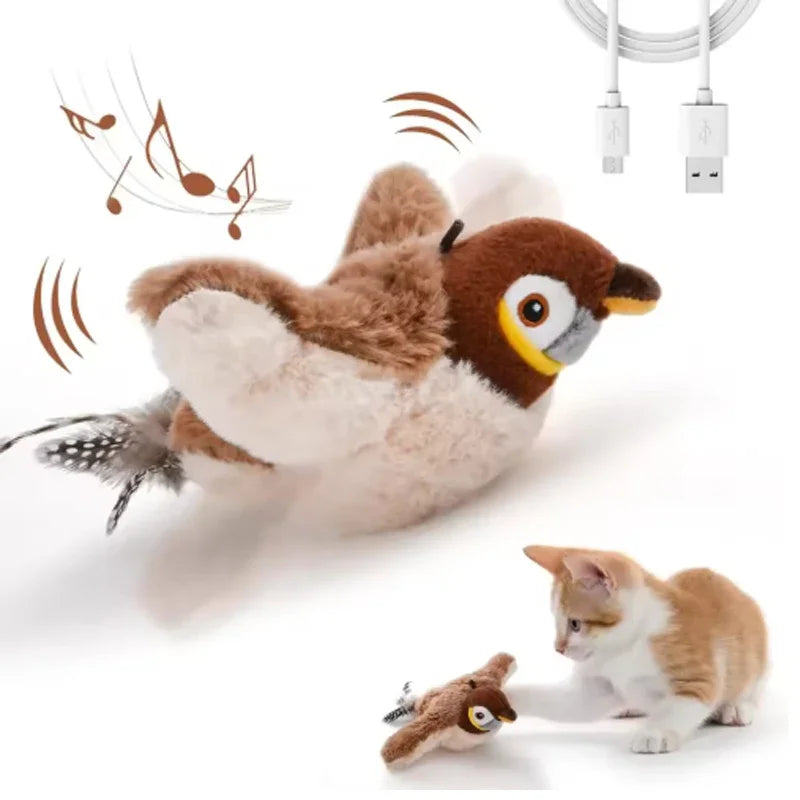 Interactive Chirping Flapping Bird Plush Toy for Cats & Dogs Interactive Pet Toy PLUSH Brown