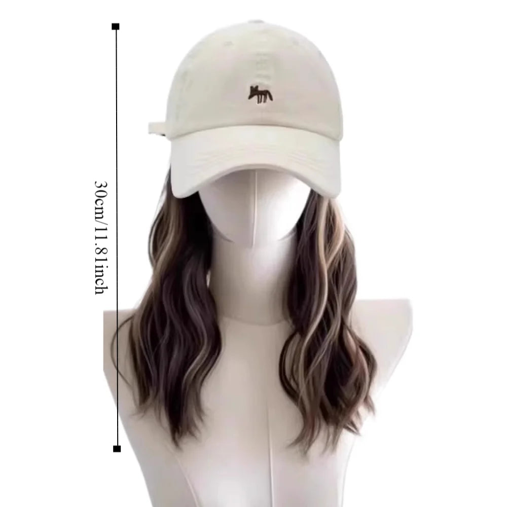 Baseball Cap with Long Wavy Highlight Wig | Korean Style Cap Wig Hairpiece PLUSH