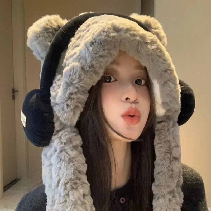 Women's Bear Ear Hat & Scarf Set – Fleece Lined Winter Hood Winter Hat Scarf Set PLUSH