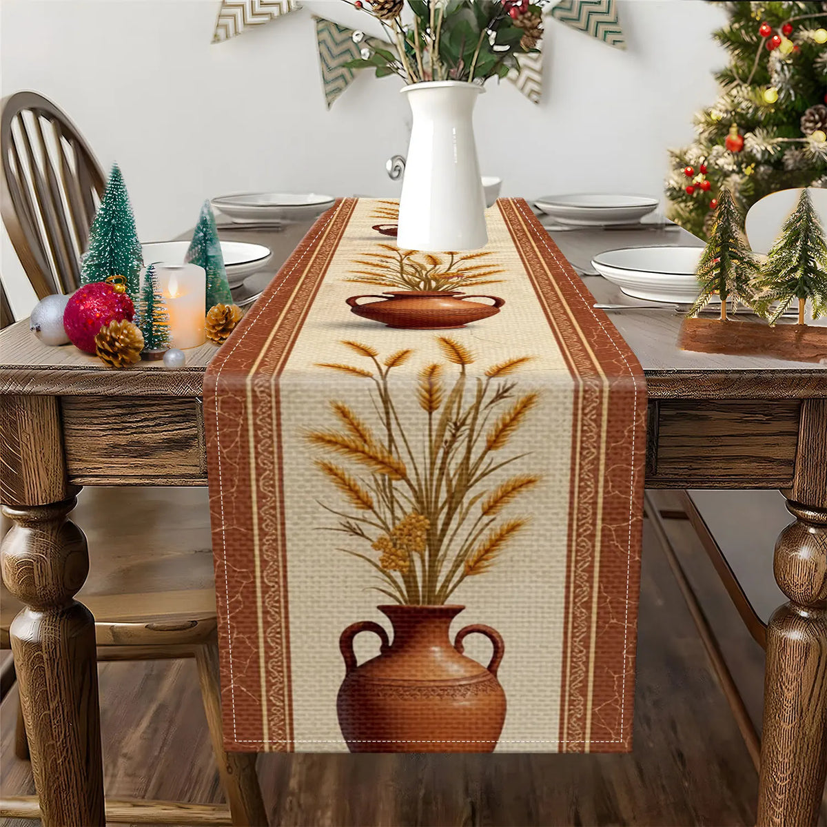 Vintage Wheat & Ceramic Pots Table Runner | Autumn Home Décor Table Runner PLUSH