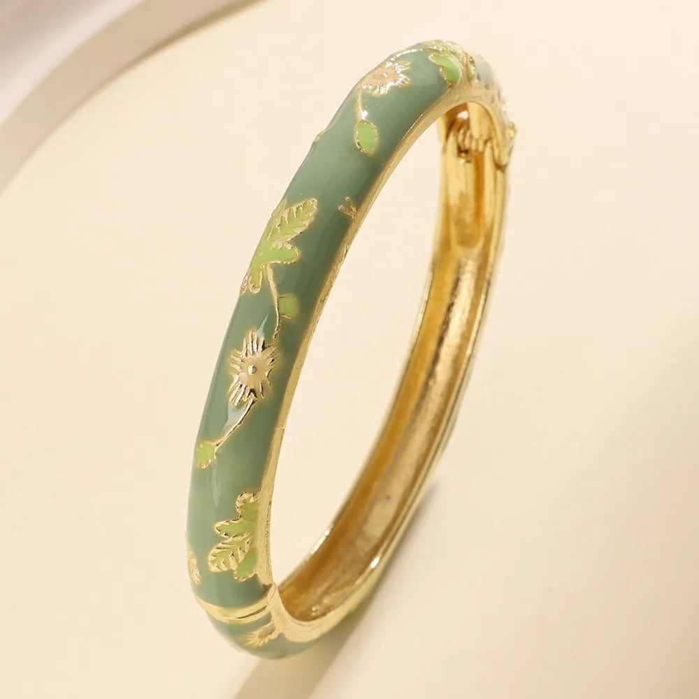 Flower Enamel Cloisonné Bangle – Vintage Filigree Bracelet Enamel Bangle PLUSH Greenish grass