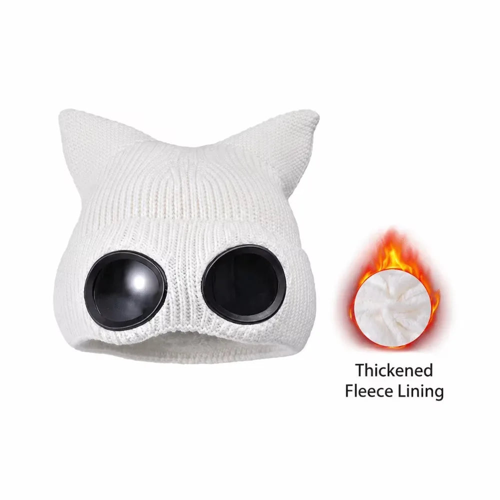 Women's Windproof Knit Ski Mask Hat with Removable Glasses Knit Ski Mask Hat PLUSH White